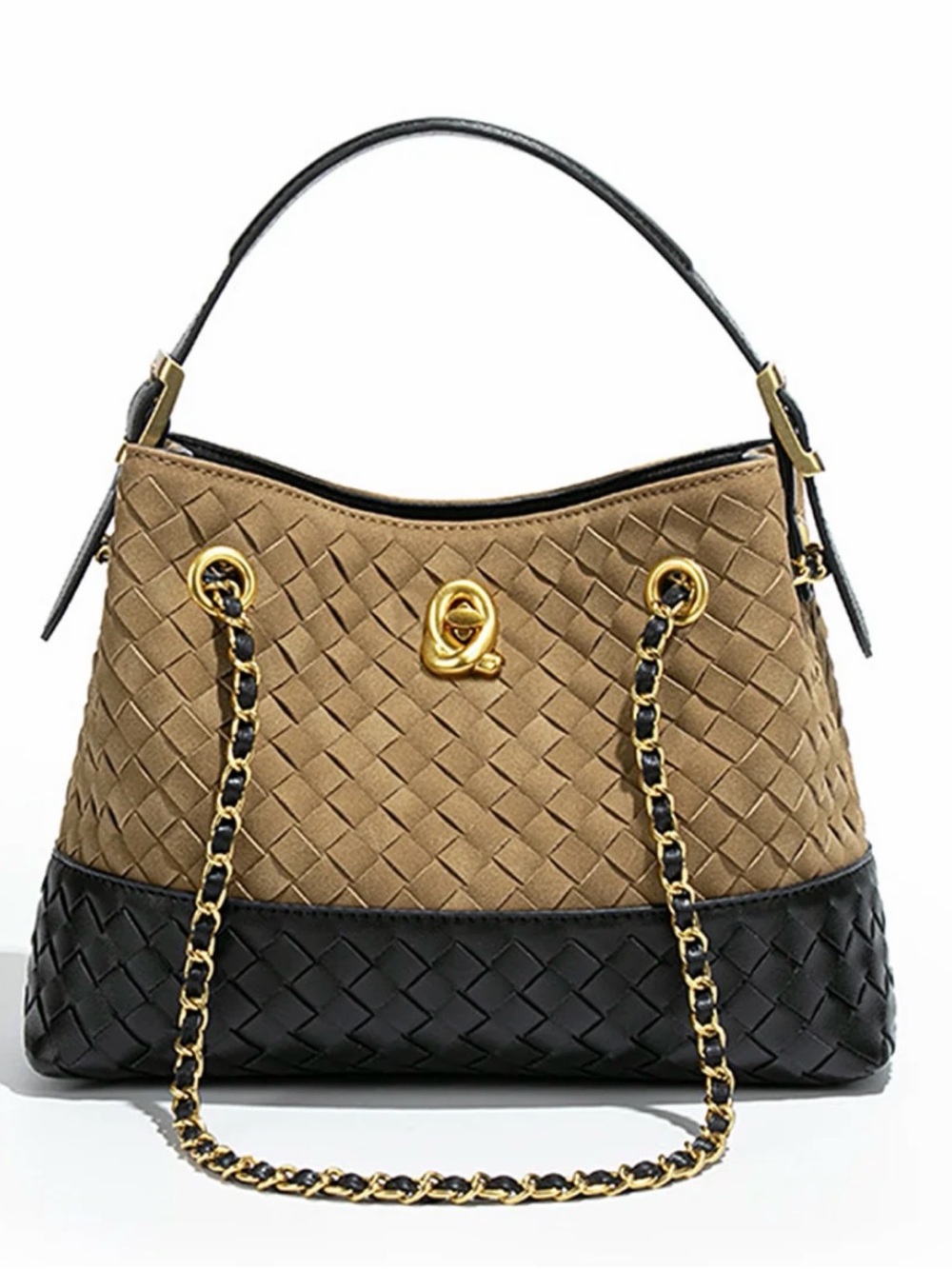 Woven Two-Tone Shoulder Tote in Tan and Black